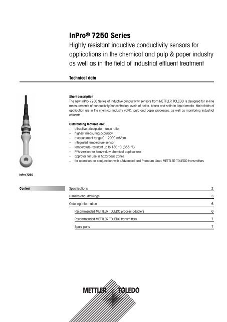 Technical Specifications and Applications of the InPro7250/PFA/5m Conductivity Sensor